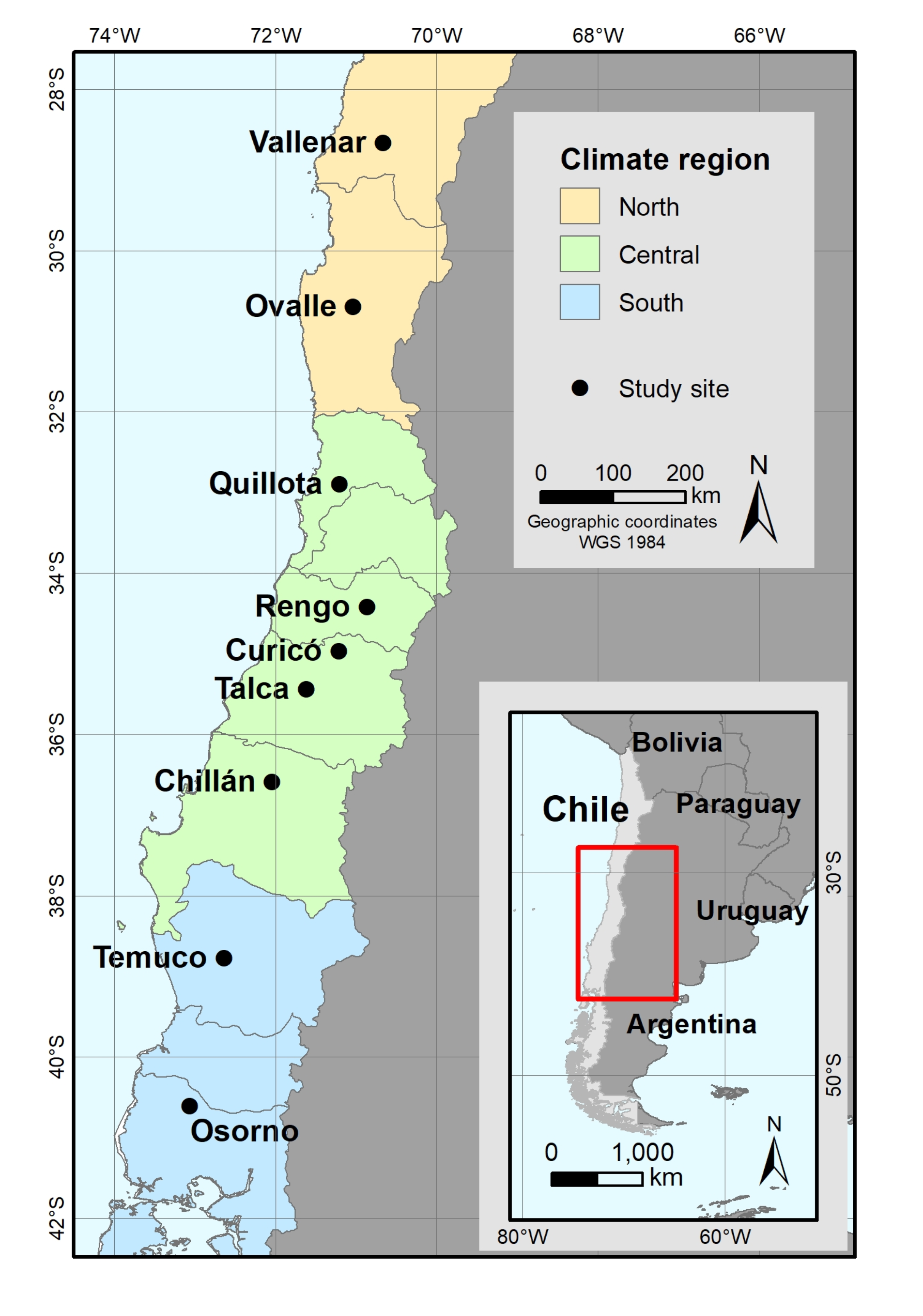 Map of fruit growing locations in Chile, for which chill accumulation was assessed