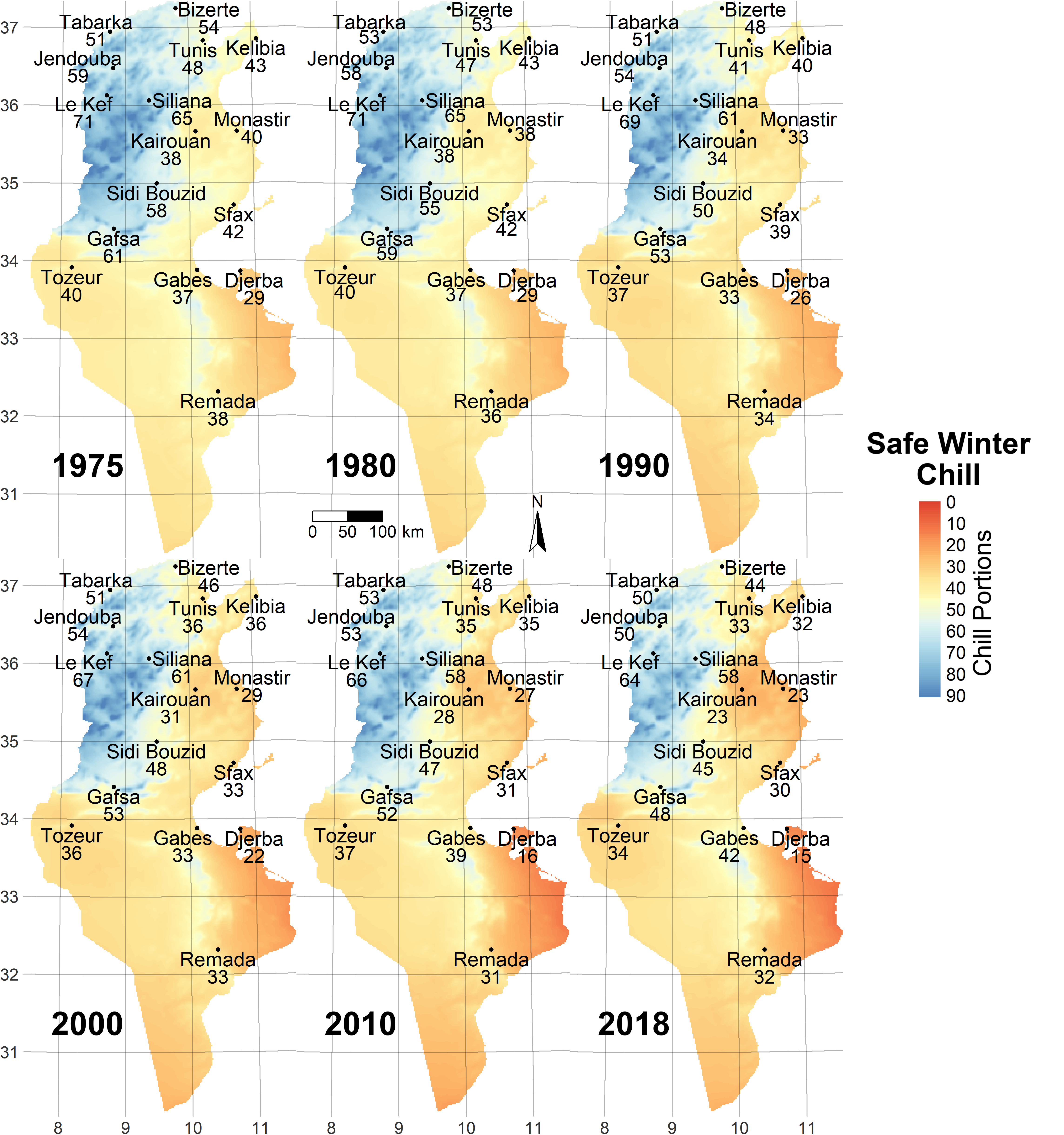 Chill availability maps for Tunisia for several past scenarios