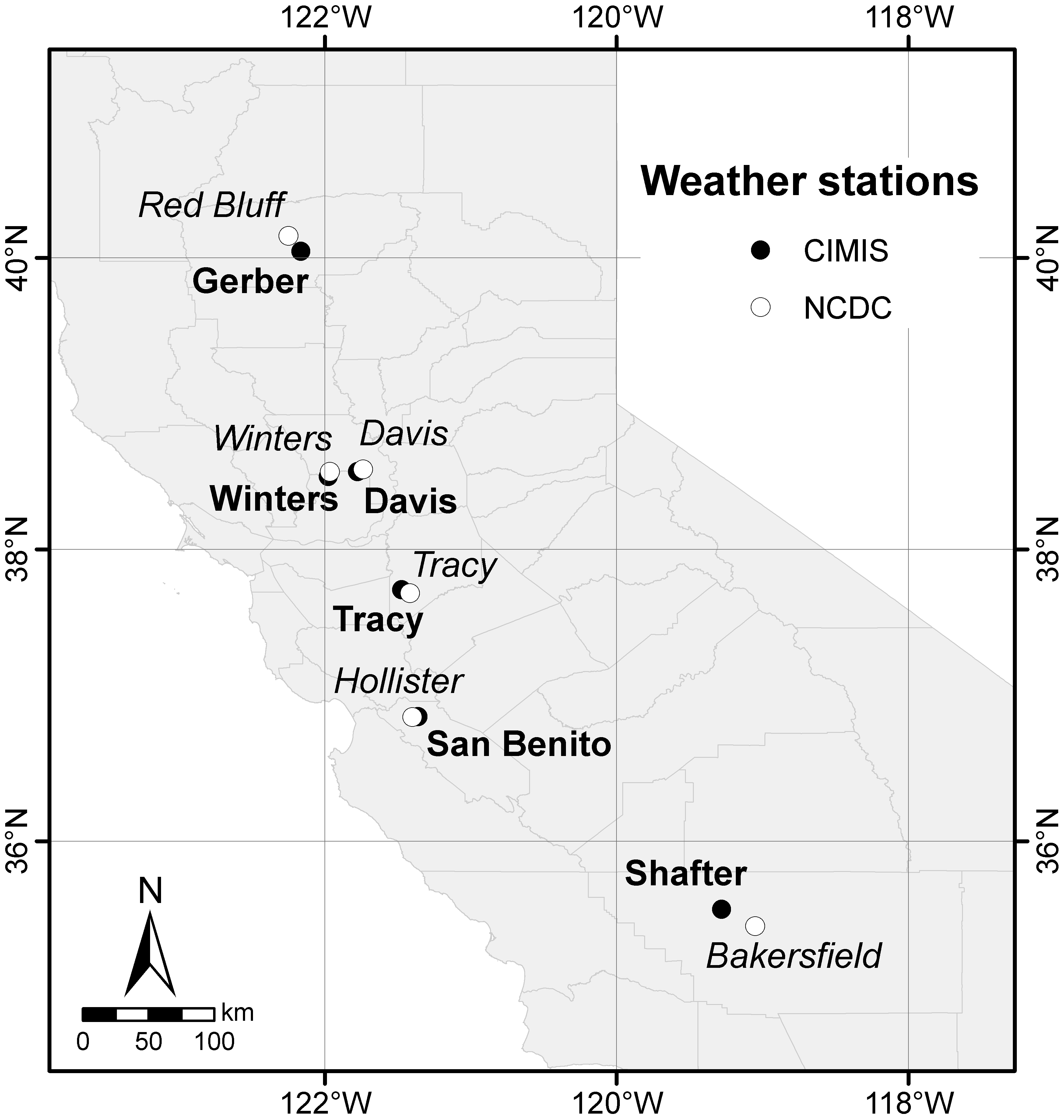 Weather station locations in California