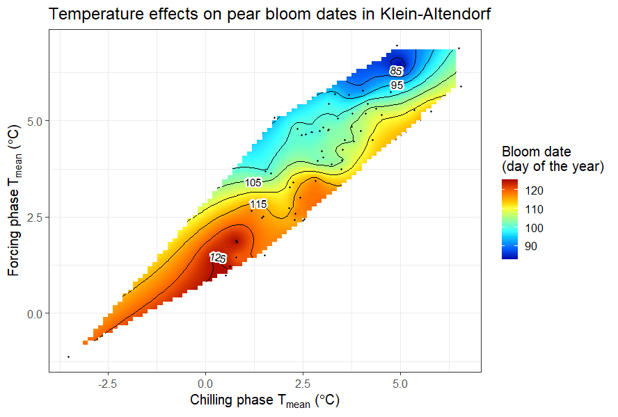 Bloom dates of pear ‘Alexander Lucas’ in Klein-Altendorf, as a function of mean temperatures during the chilling and forcing phases