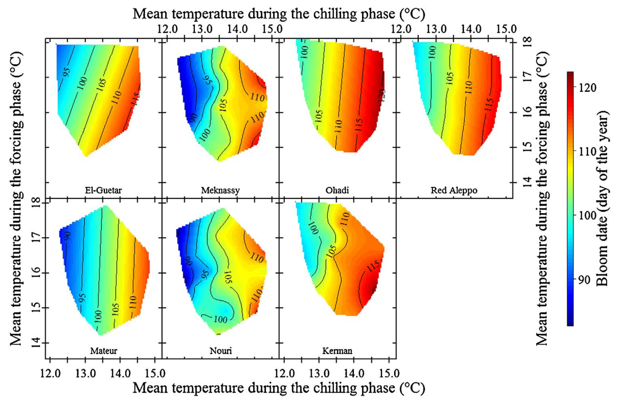 Temperature response of pistachios in Sfax, Tunisia, to temperatures during the chilling and forcing phases (Benmoussa et al., 2017b)