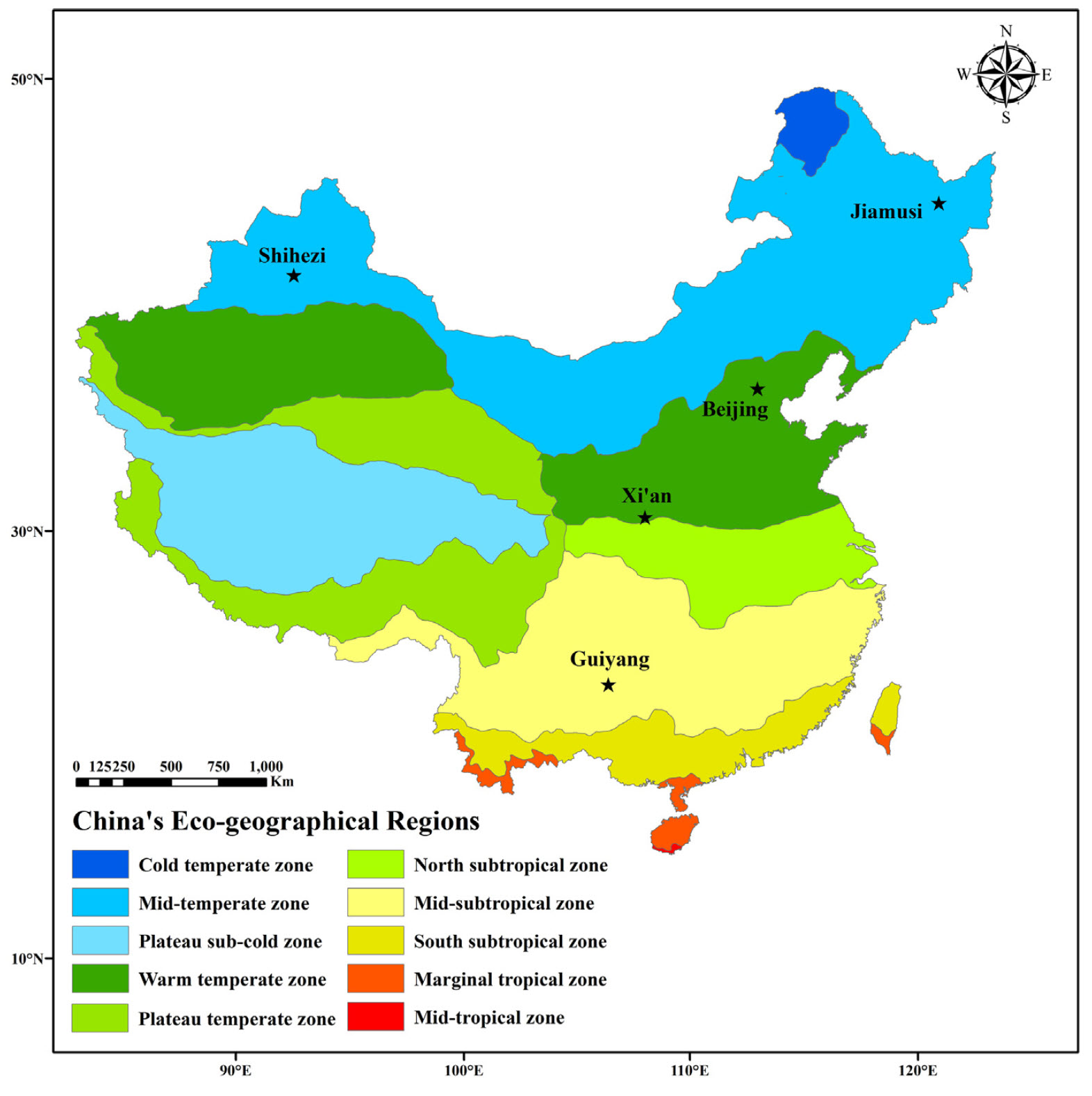 Study locations in China used to study phenology responses to temperature across a temperature gradient (Guo et al., 2015a)